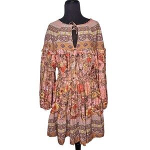 BOHEMIA Ruffled Mini Dress L Balloon Sleeves Boho Peasant Floral Horses Flounce